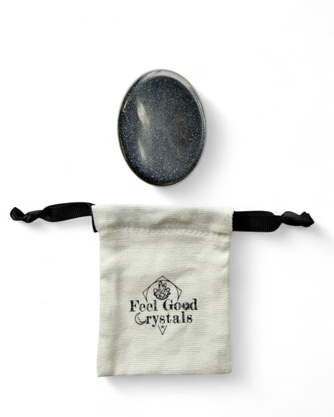 Blue goldstone crystal thumb worry stone with feel good crystals pouch