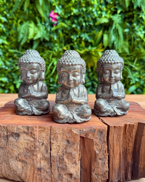 Three small pyrite Buddha statues on a wooden surface with a green leafy background