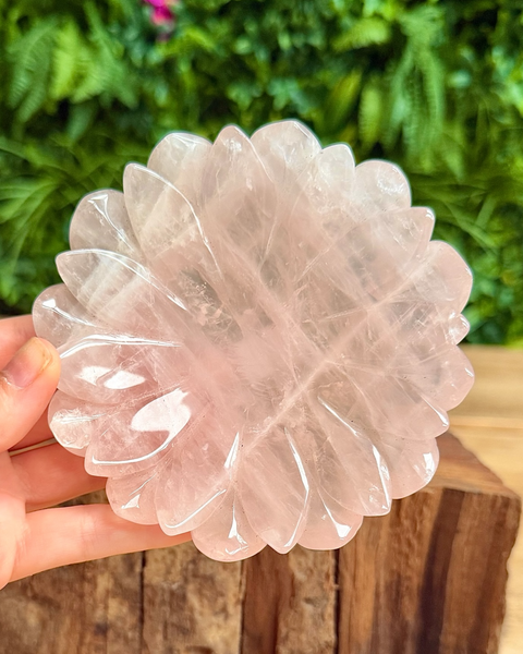 rose quartz crystal dish in hand