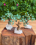 Three small jade tree of life crystal wall art pieces displayed on a rustic wood slice pedestal, with a green foliage wall in the background.