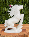White jade horse carving on a wooden base with a green leafy background