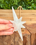 Star-shaped clear quartz crystal  held by a hand on a wooden surface with greenery in the background