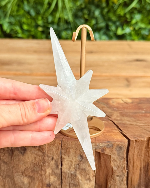 Star-shaped clear quartz crystal  held by a hand on a wooden surface with greenery in the background