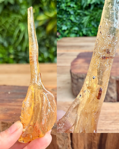 Clear amber-colored stone held in a hand with a blurred green outdoor background