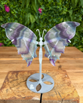 Polished fluorite butterfly wings on silver stand with layered green and purple hues.