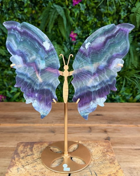 Banded fluorite butterfly carving on gold stand with purple and green tones.