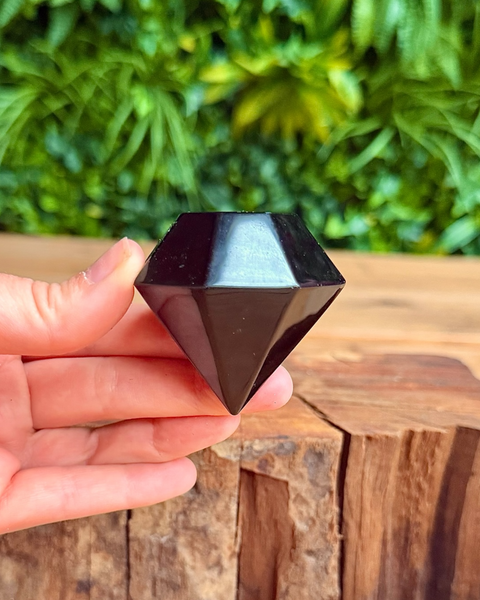 Black geometric obsidian stone held in a hand with a wooden surface and green foliage in the background