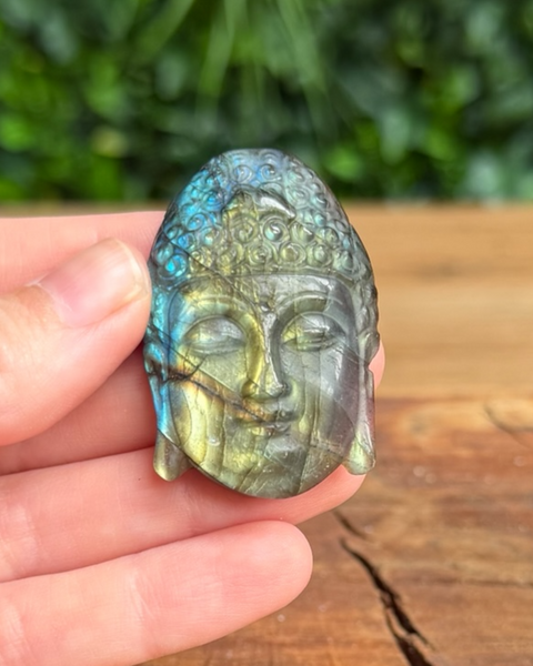 Labradorite stone with Buddha face carving held in a hand on a wooden surface with blurred greenery in the background