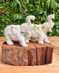 Two elephant statues on a wooden block with a natural background